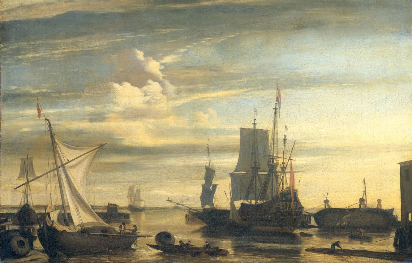 Photo wallpaper ship, oil, sailboat, picture, canvas, Jan Claesz Rietschoof, 1699, Harbour at sunset