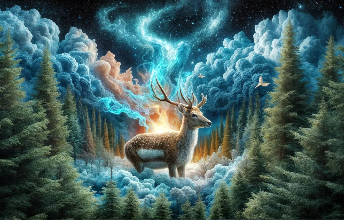 Photo wallpaper forest, night, lights, deer, AI art, neural network