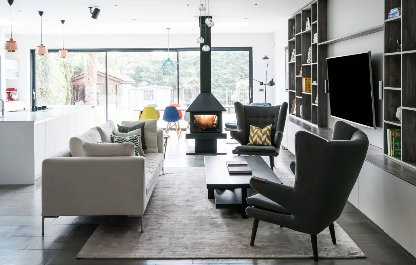 Photo wallpaper design, style, interior, kitchen, fireplace, comfort, living room, dining room