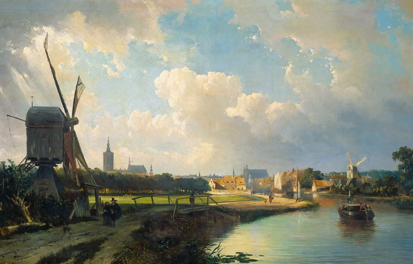 Photo wallpaper landscape, oil, picture, windmill, Caspar Carsen, The view of the Hague from Delft