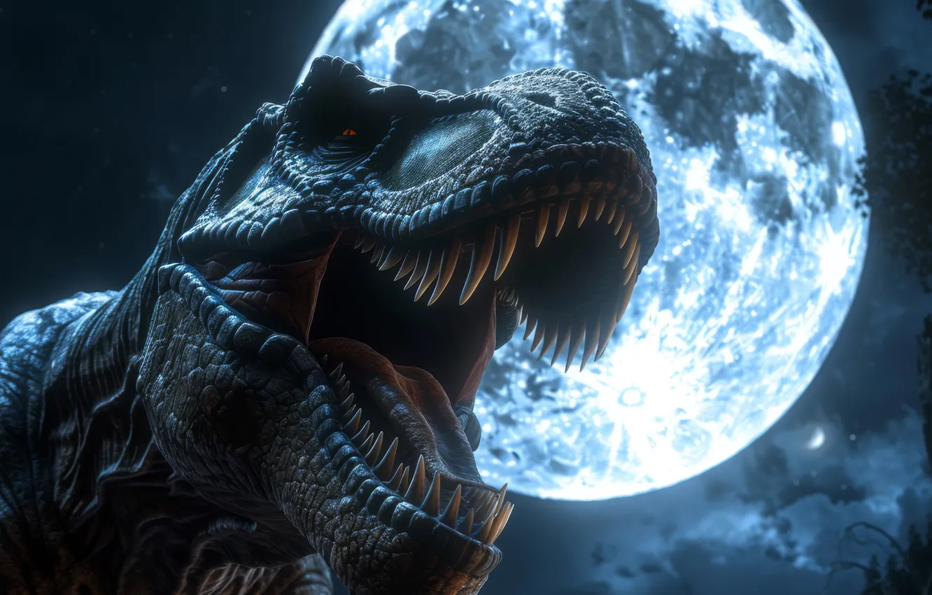 Photo wallpaper face, night, animal, the moon, dinosaur, predator, teeth, mouth