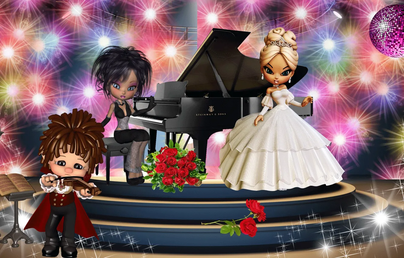 Photo wallpaper violin, scene, cartoon, roses, bouquet, doll, piano, concert