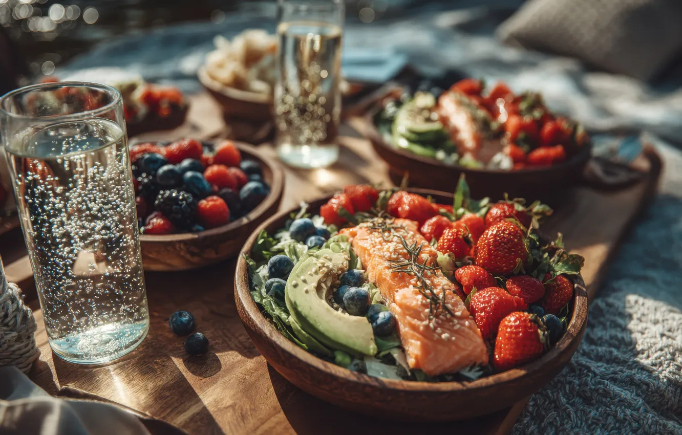 Photo wallpaper water, light, glass, berries, raspberry, table, food, shadow