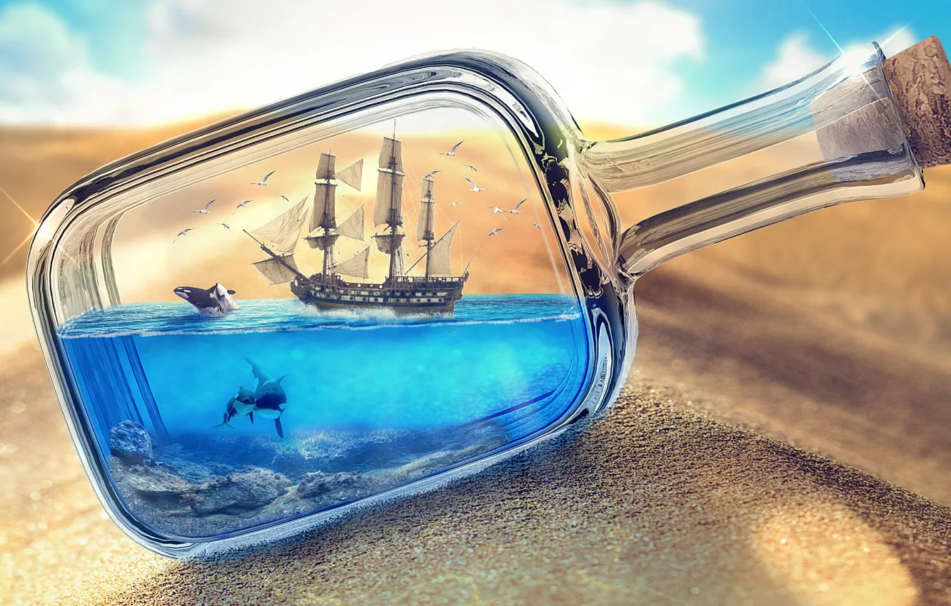 Photo wallpaper sand, sea, desert, ship, bottle, photoart, ship in a bottle, sea in the bottle