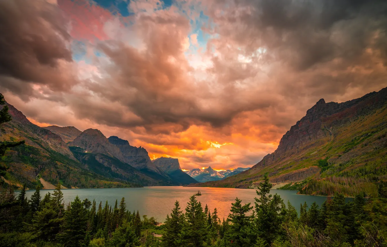 Photo wallpaper the sky, trees, sunset, mountains, lake, Glacier National Park