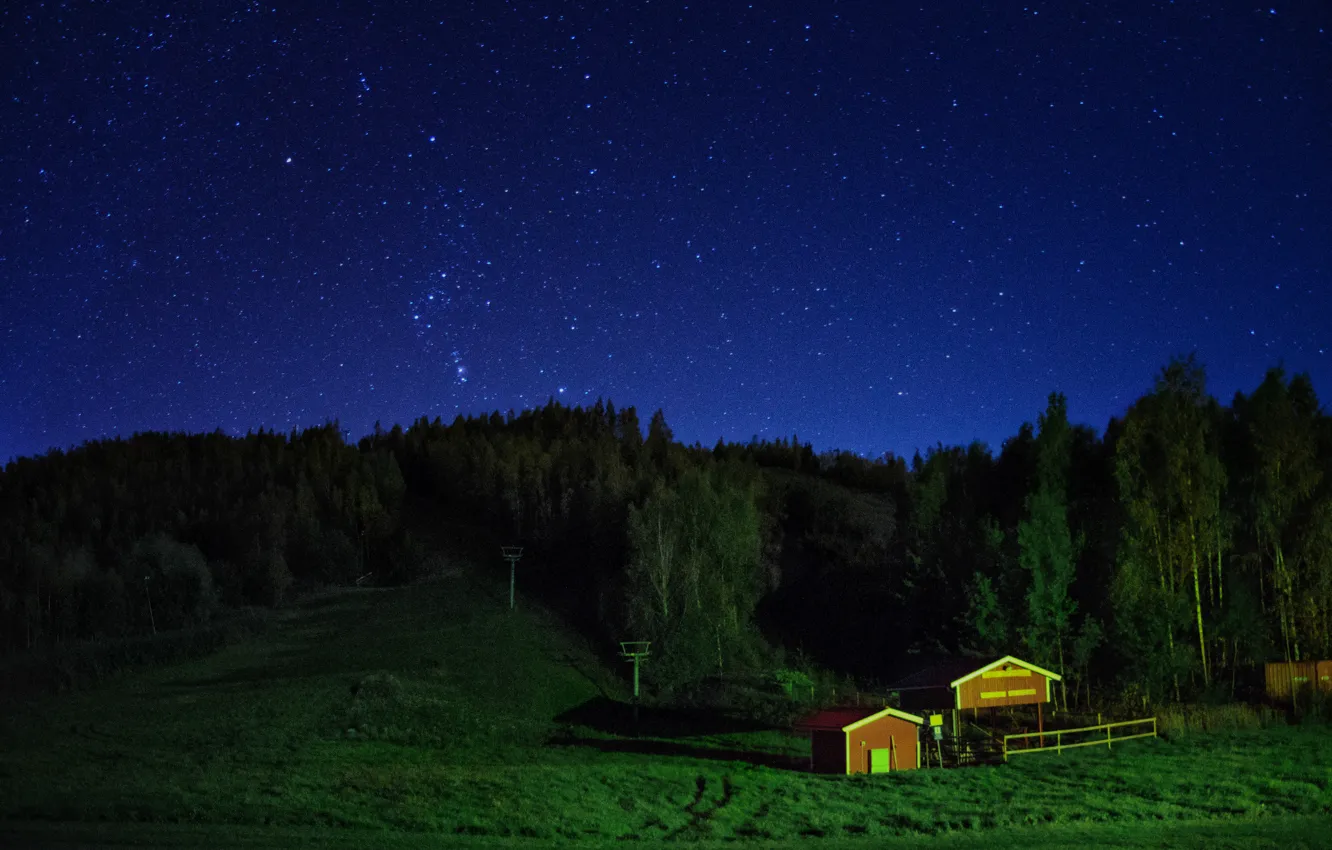 Photo wallpaper forest, the sky, house, stars, Night, house, forest, sky