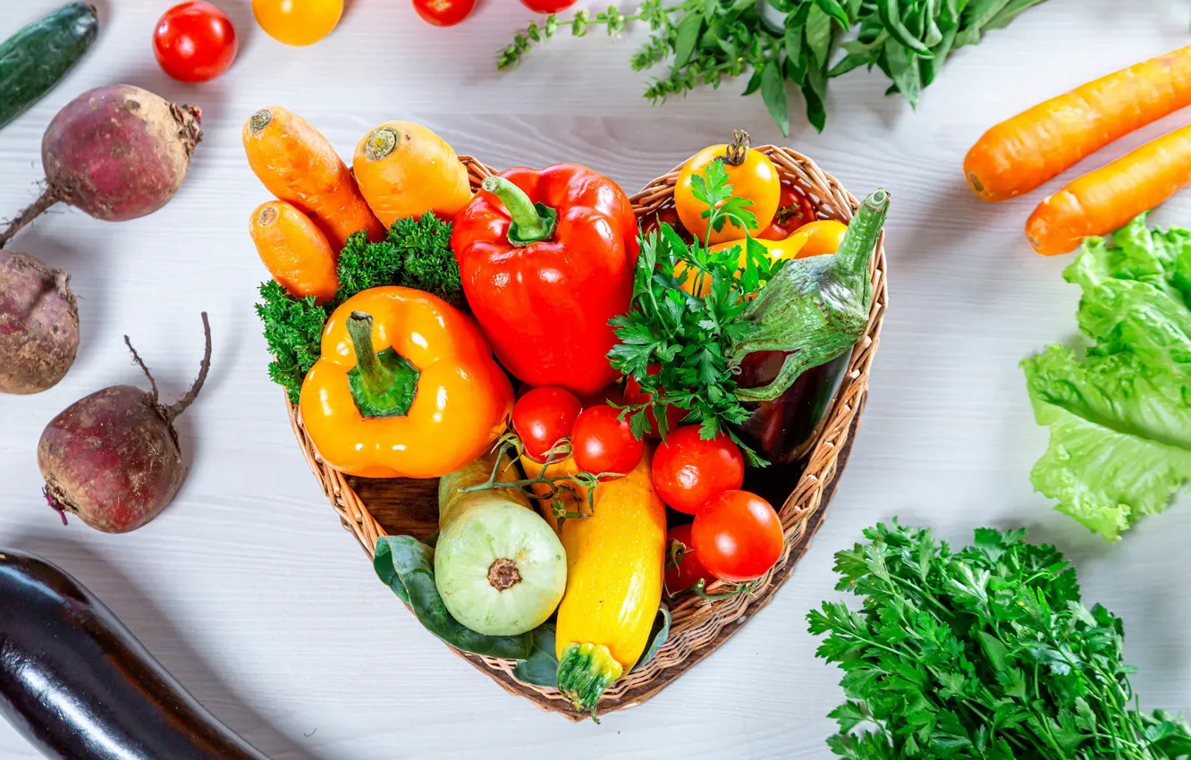 Photo wallpaper greens, table, eggplant, pepper, vegetables, network, tomatoes, different