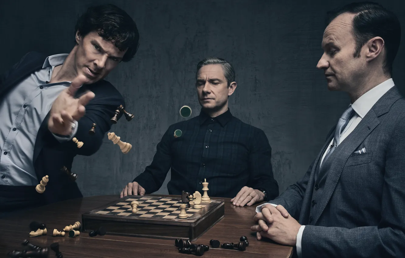Photo wallpaper chess, Sherlock Holmes, Martin Freeman, Benedict Cumberbatch, Sherlock, Mark Gatiss, Mycroft Holmes, Sherlock BBC