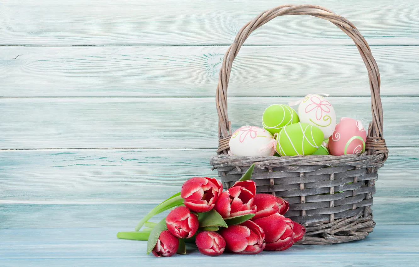 Photo wallpaper flowers, eggs, spring, colorful, Easter, tulips, red, wood