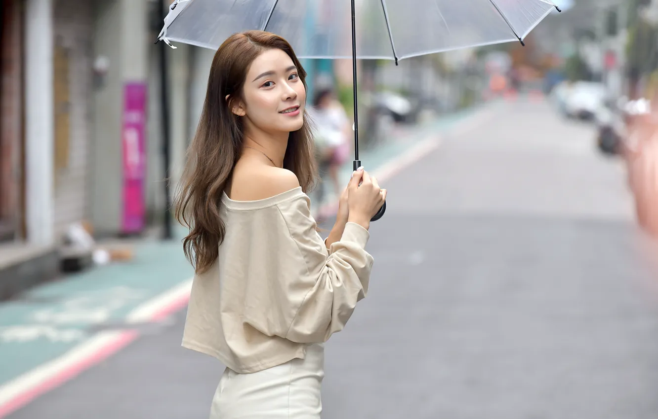 Photo wallpaper girl, umbrella, street, Asian, cutie, bokeh