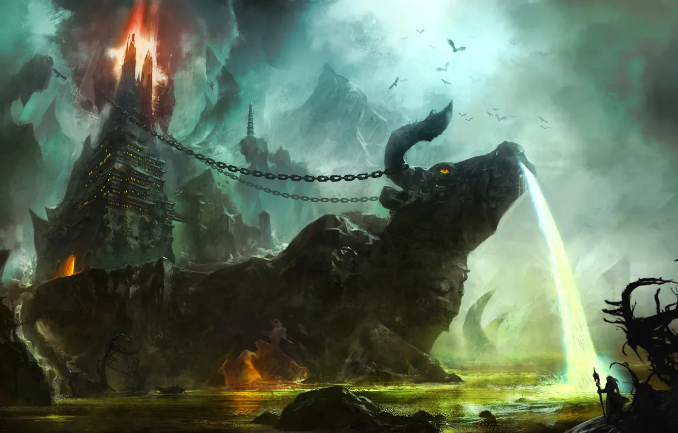 Photo wallpaper lights, castle, bird, waterfall, art, chain