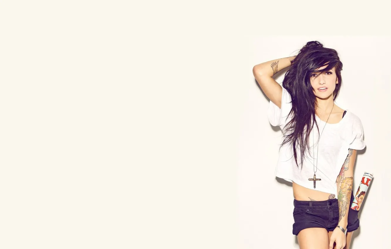 Photo wallpaper girl, style, shorts, brunette, tattoo, white background, beautiful girl