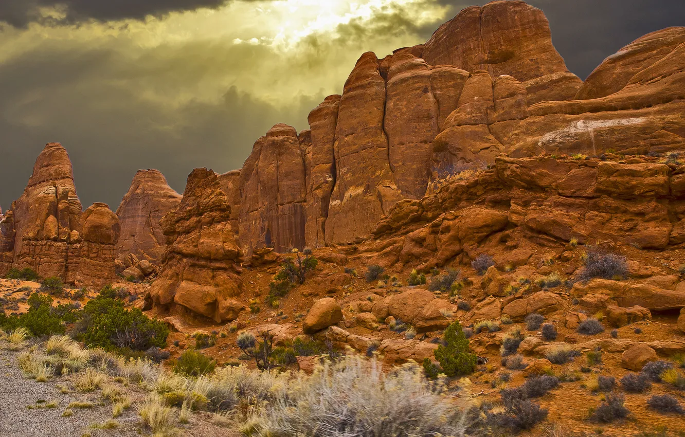 Photo wallpaper the sky, mountains, clouds, stones, rocks