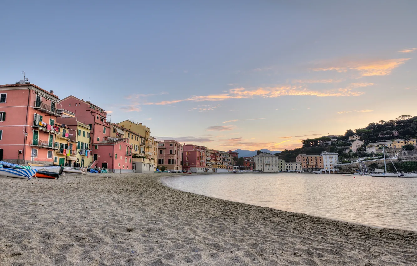 Photo wallpaper beach, sky, trees, boats, buildings