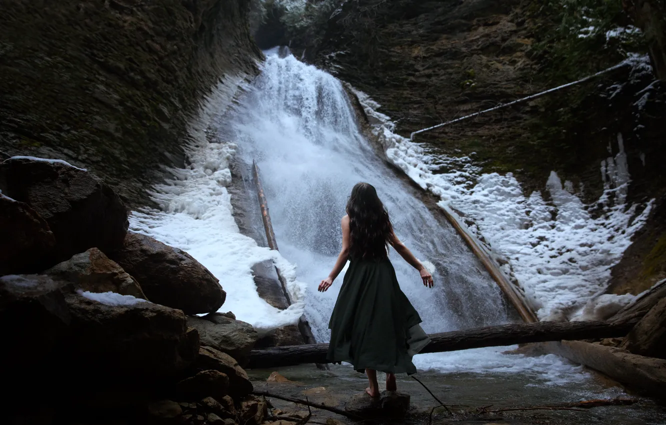 Photo wallpaper girl, stones, rocks, waterfall, the situation, barefoot, hands, dress