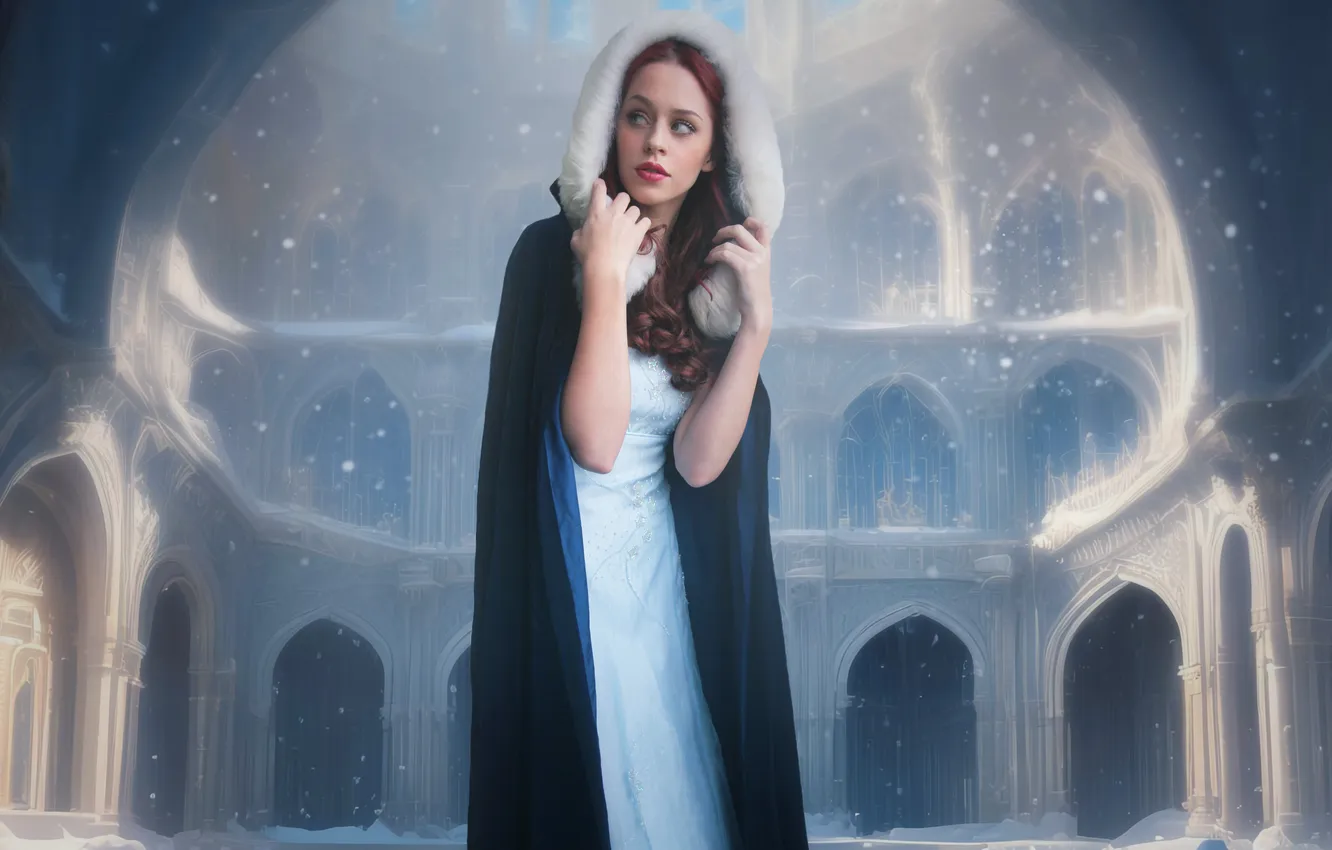 Photo wallpaper cold, girl, snow, castle, white dress, Cape, cosplay, Gerda
