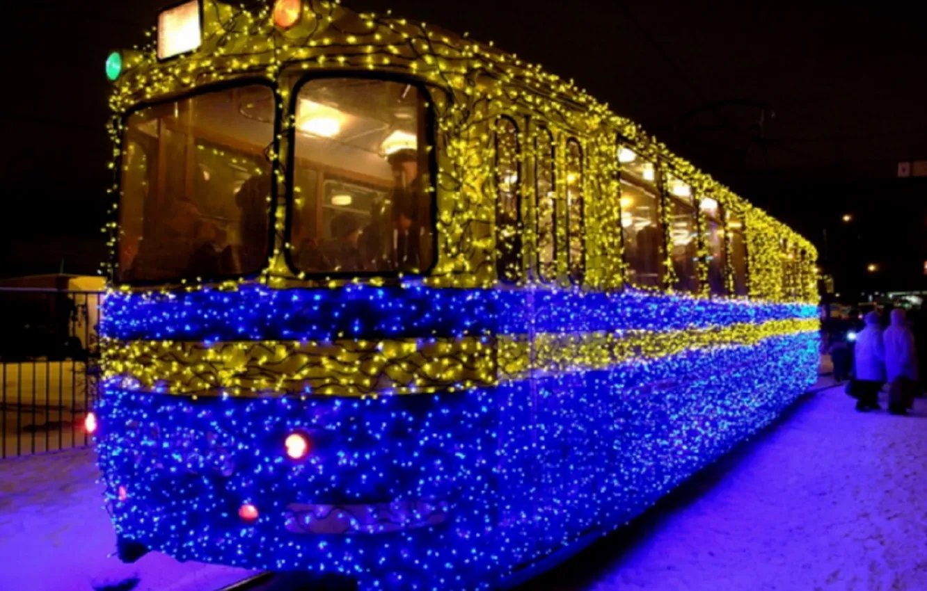 Photo wallpaper lights, tram, garland