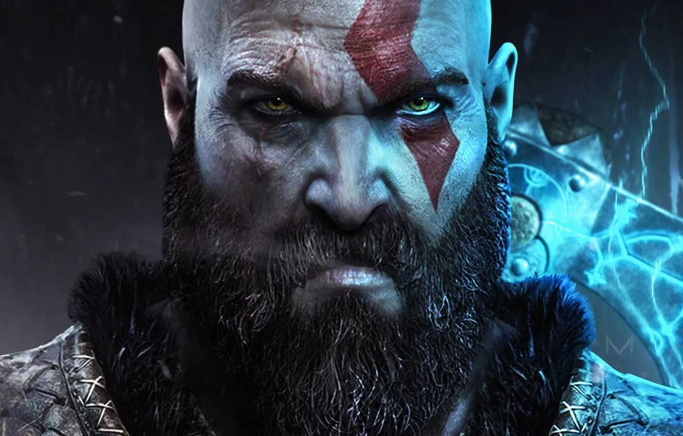 Photo wallpaper Sony, Ragnarok, weapon, Kratos, blue, God of War, snow, blow