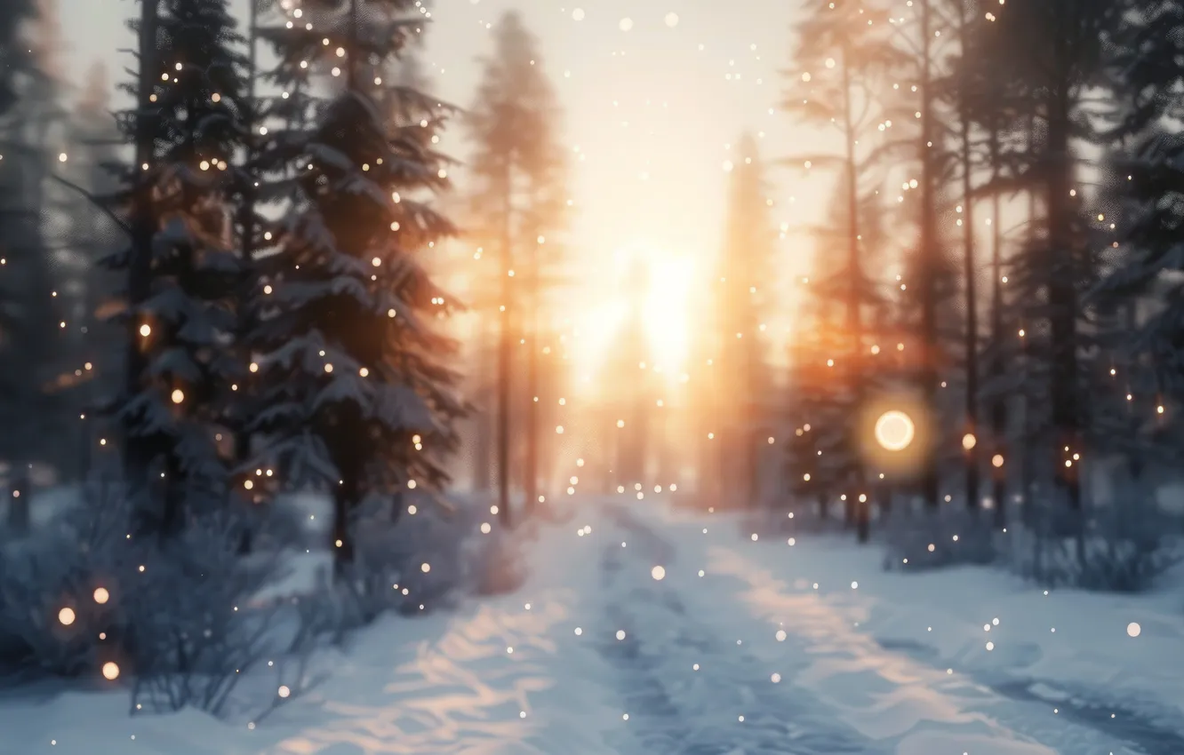 Photo wallpaper winter, frost, road, forest, the sun, light, snow, blur