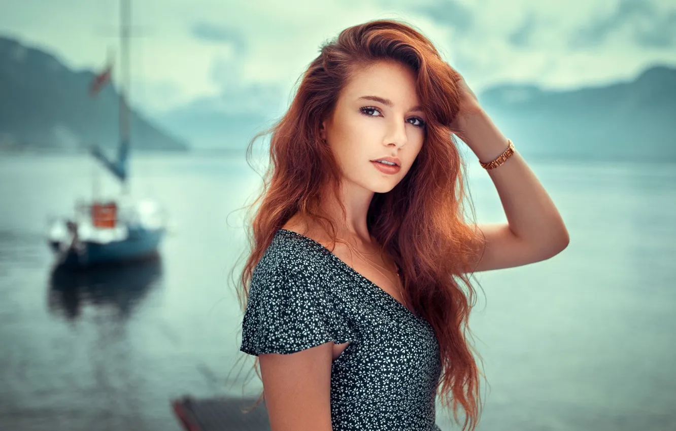 Photo wallpaper summer, girl, lake, beautiful, redhead, long hair