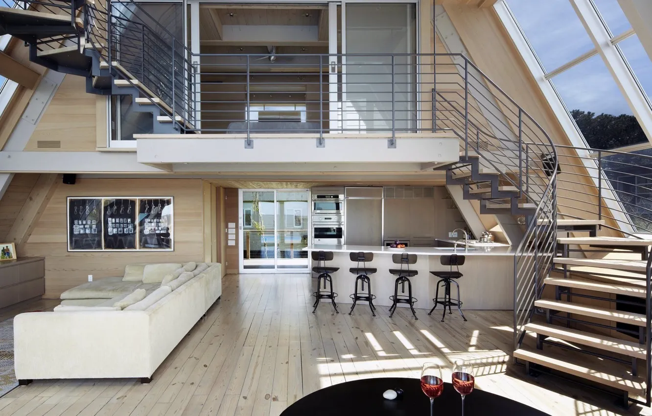 Photo wallpaper Villa, interior, living room, dining room, three levels, modern a frame house