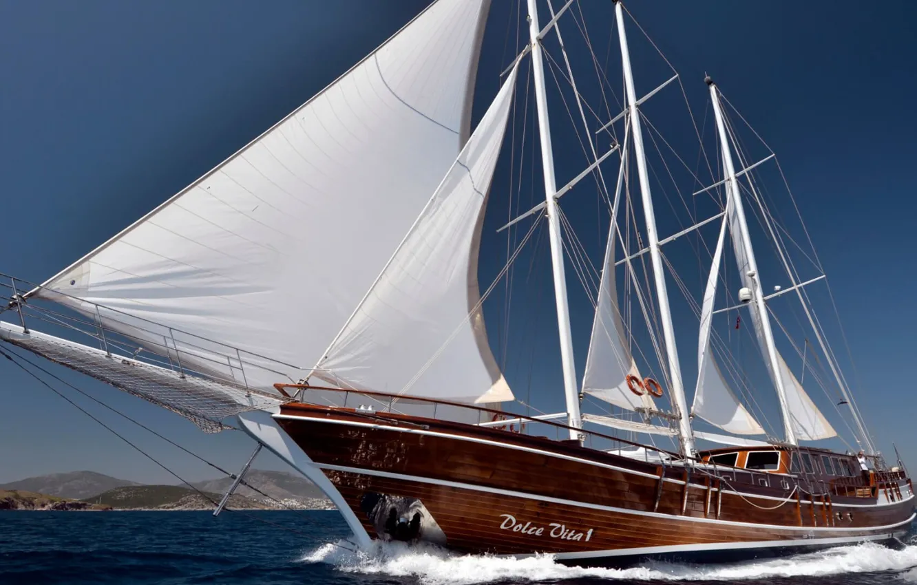 Photo wallpaper sail, ship, the way, the wind, coast, sailboat, sea