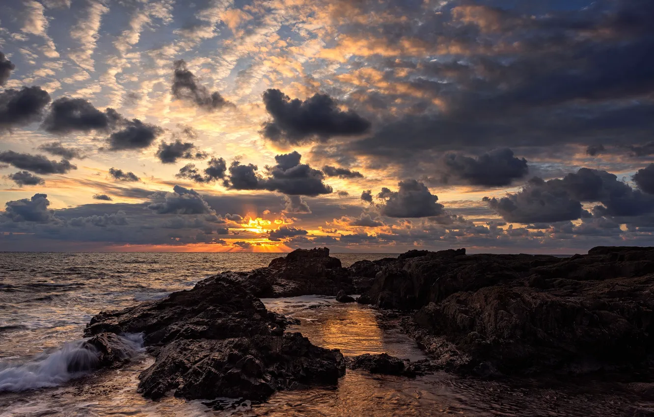 Photo wallpaper sea, wave, the sky, clouds, sunset, stones
