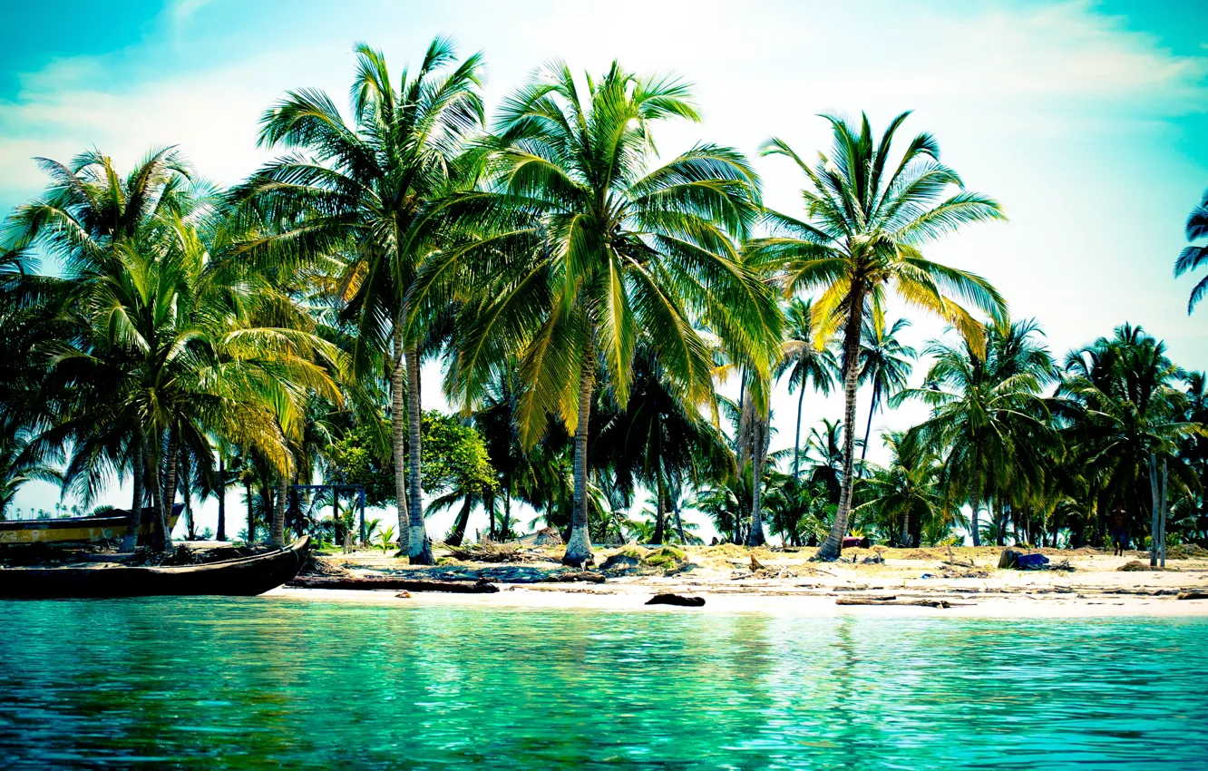Photo wallpaper beach, tropics, palm trees, the ocean, boats, exotic
