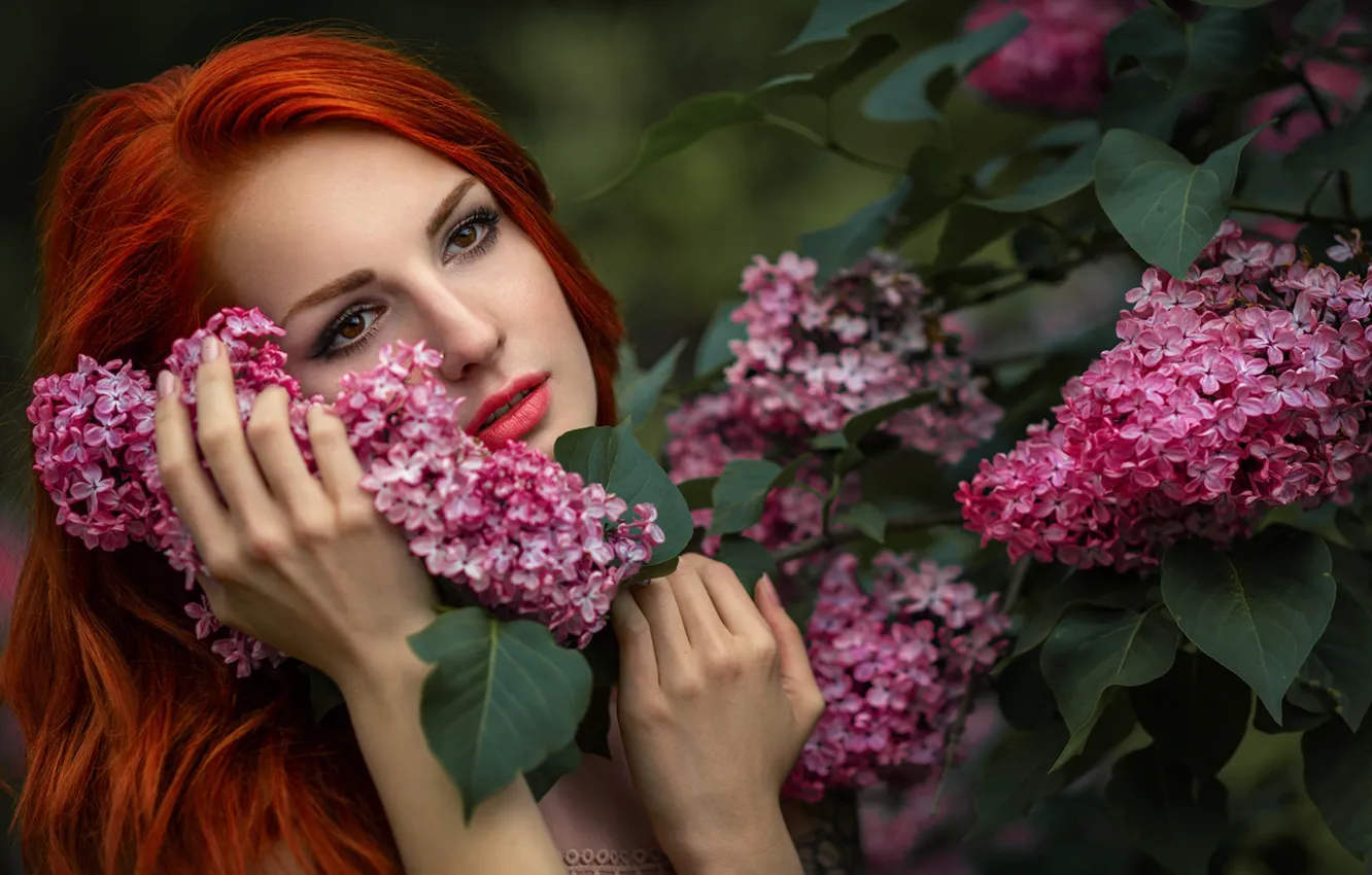 Photo wallpaper girl, face, mood, hands, red, redhead, lilac, The Novel Lancets