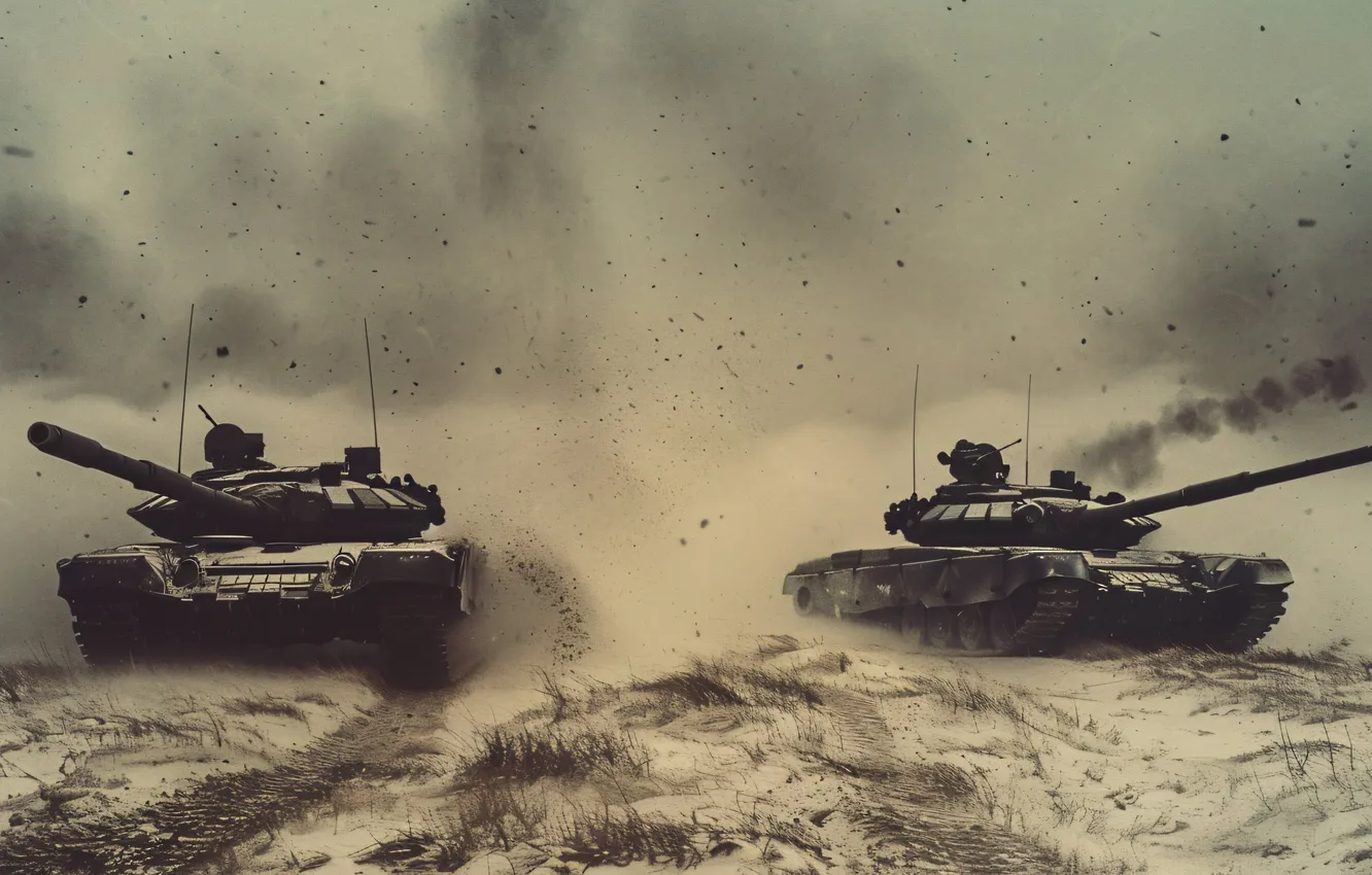 Photo wallpaper winter, snow, retro, smoke, tank, black and white, two, digital art
