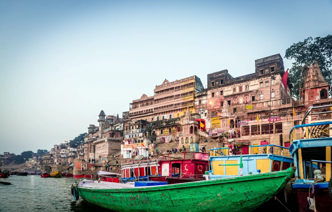 Photo wallpaper Boat, India, Boat, Ganges, India, Varanasi, Varanasi, The Ganges River