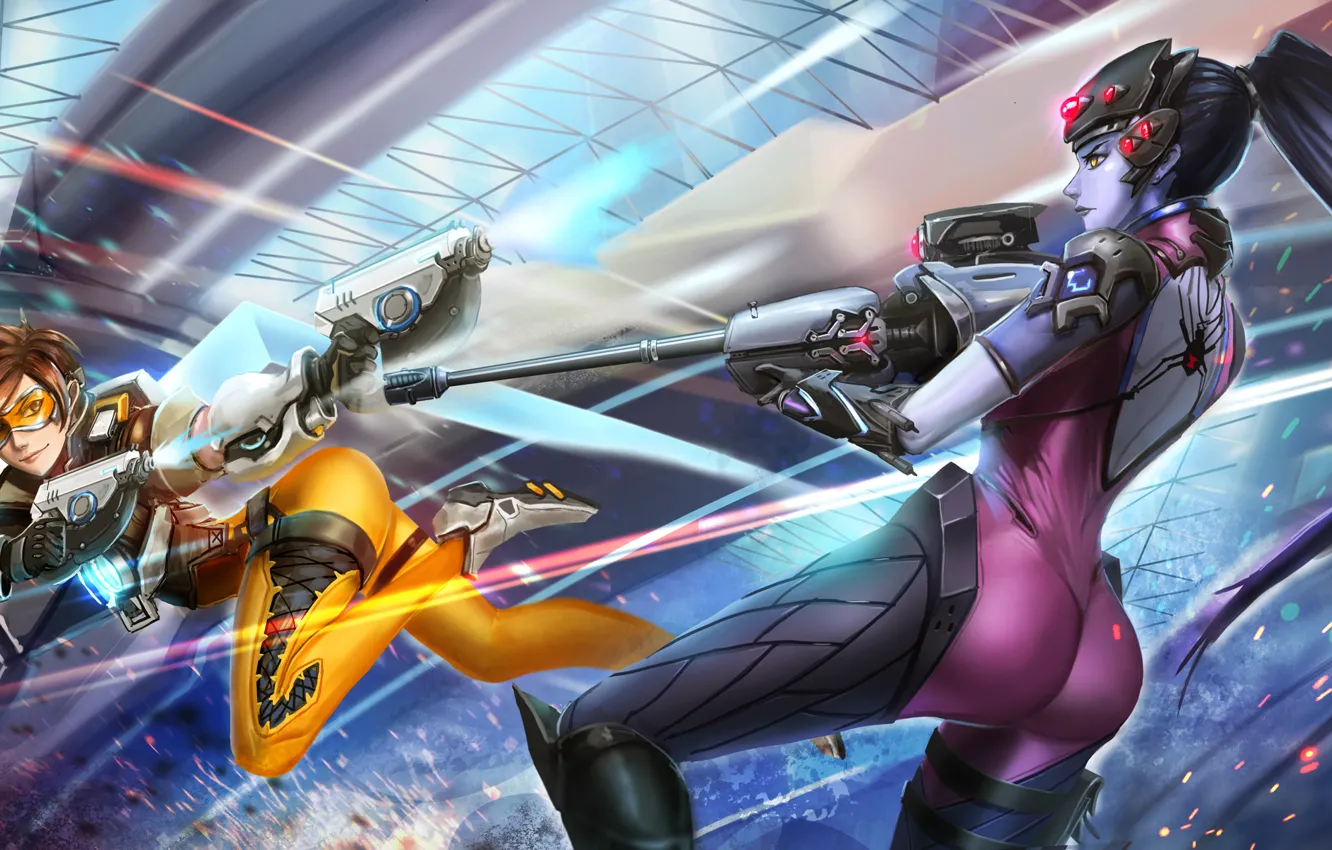 Photo wallpaper ass, girl, smile, weapons, costume, art, Overwatch, Tracer