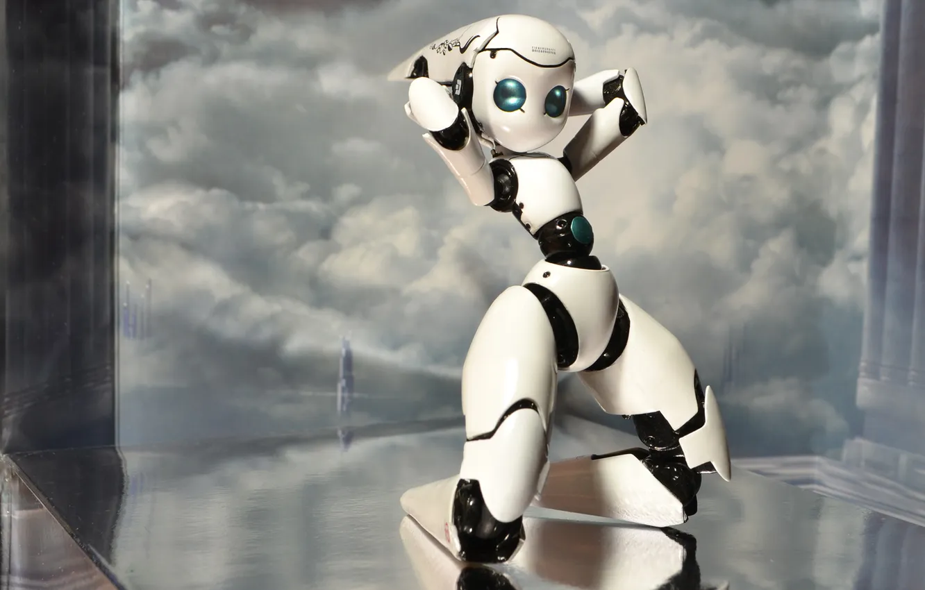 Photo wallpaper clouds, surface, pose, tower, robot, height, art, girl