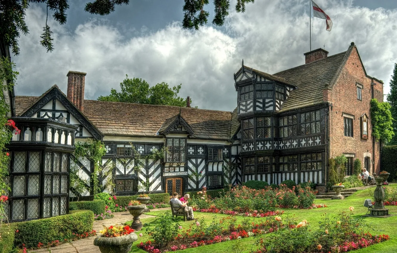 Photo wallpaper flowers, Park, England, building, garden, England, Gawsworth, Gawsworth Old Hall