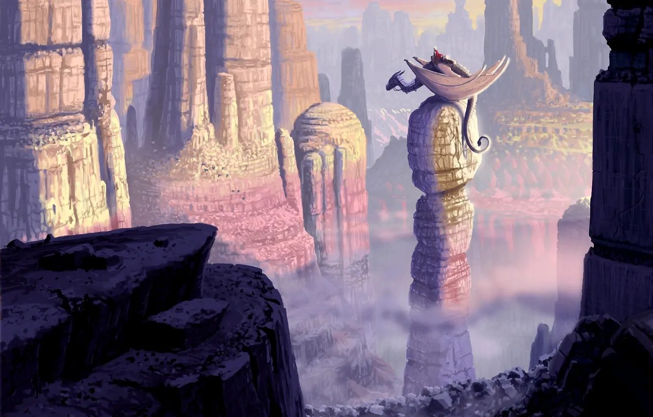 Photo wallpaper mountains, rocks, dragon, height, rider