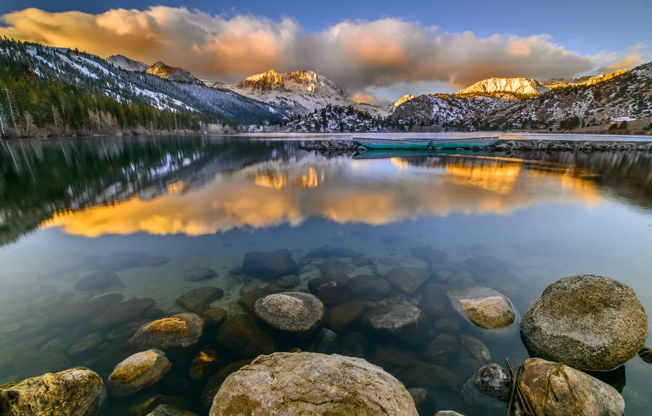 Photo wallpaper the sky, clouds, mountains, lake, stones