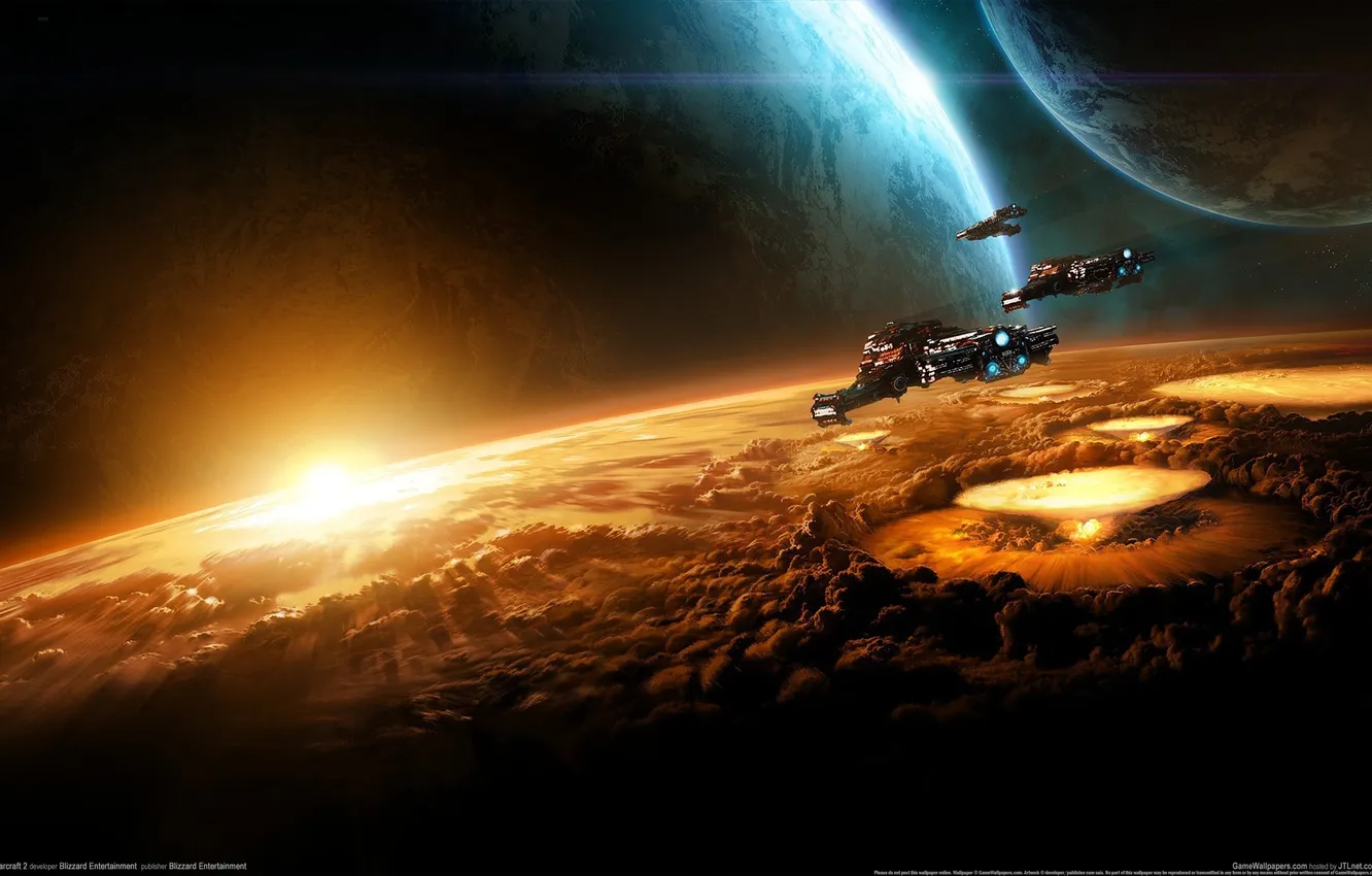 Photo wallpaper the explosion, planet, Terran, cruiser, Star Craft 2, SC2