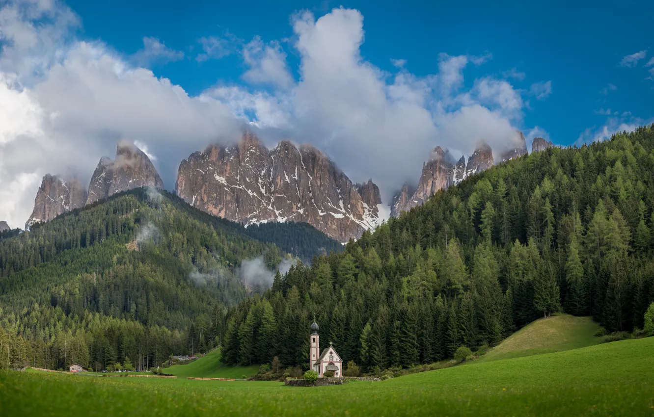 Photo wallpaper clouds, trees, mountains, the slopes, Italy, Church, The Dolomites, Bolzano