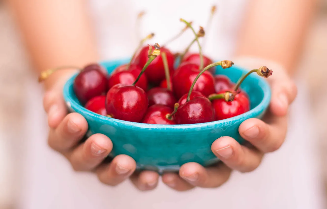 Photo wallpaper food, fruit, hands, cherries, bowl, freshness, healthy food