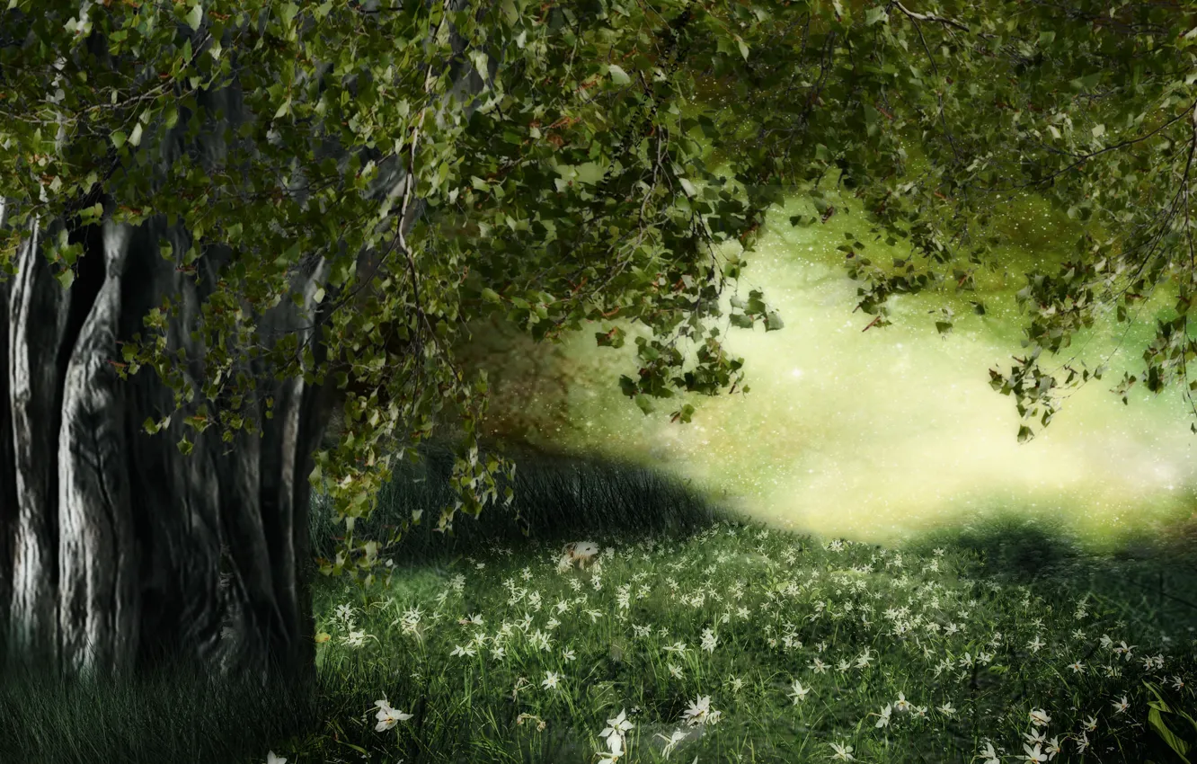 Photo wallpaper summer, trees, flowers