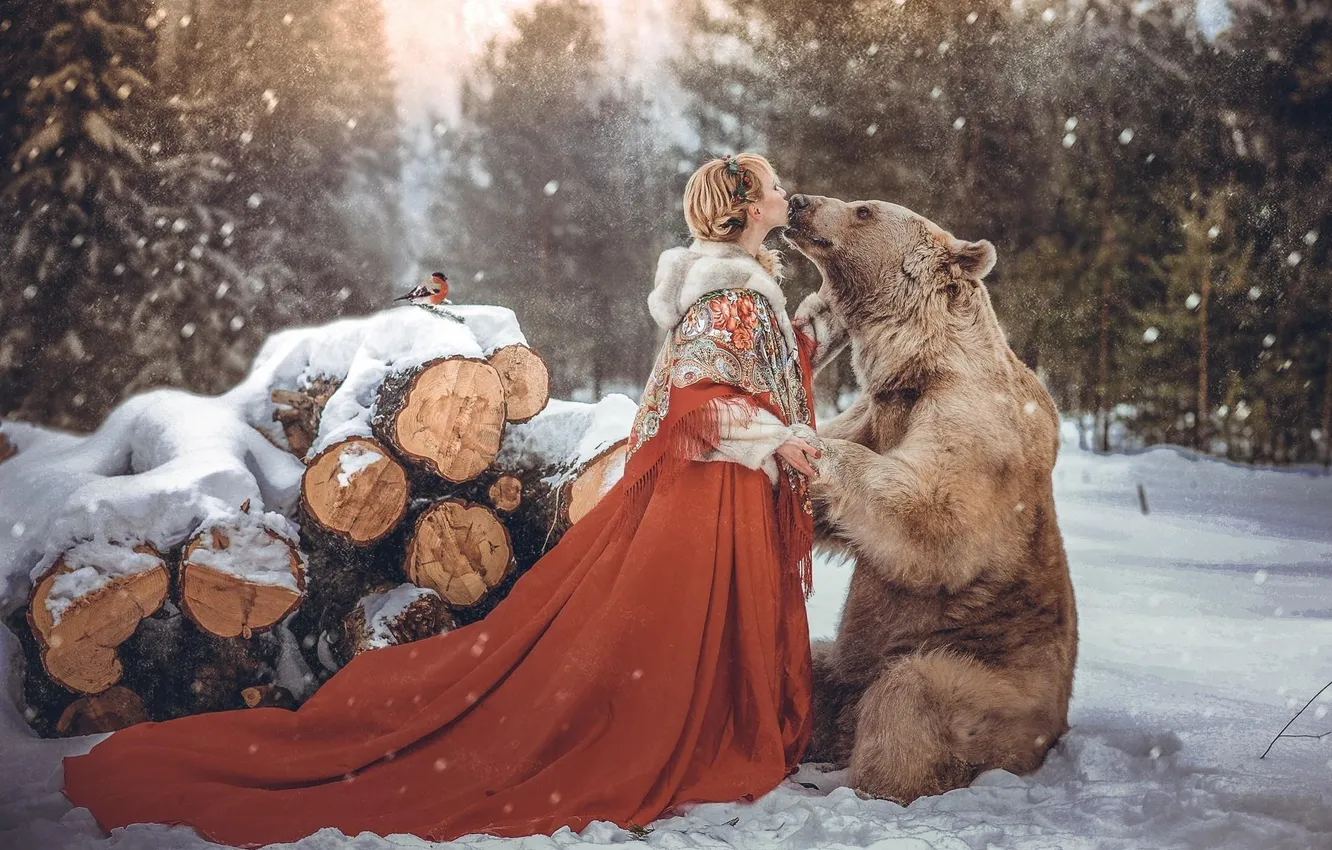 Photo wallpaper winter, forest, girl, snow, nature, bird, kiss, ate