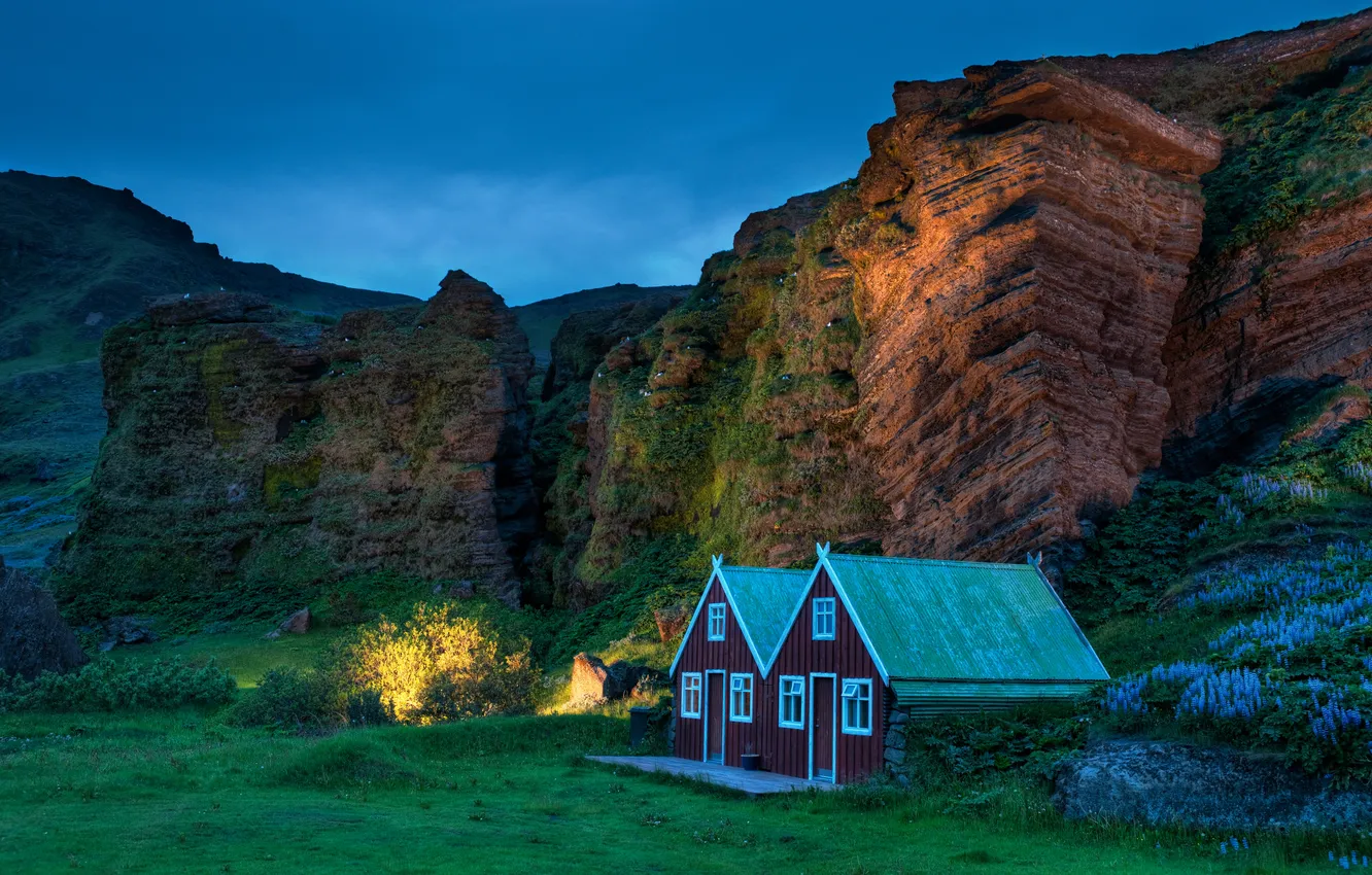 Photo wallpaper field, light, mountains, blue, rocks, house, twilight