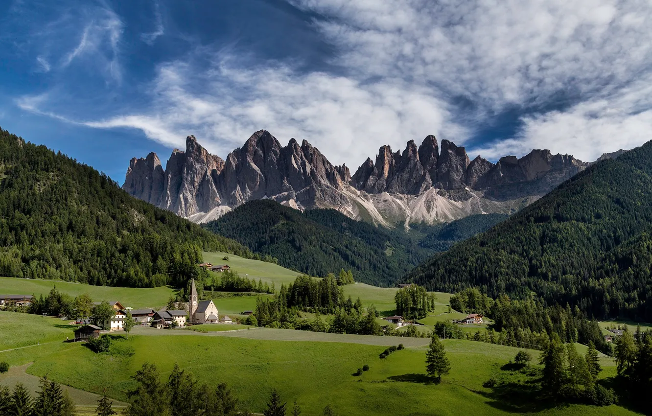 Photo wallpaper forest, the sky, clouds, mountains, meadow, Italy, Church, temple