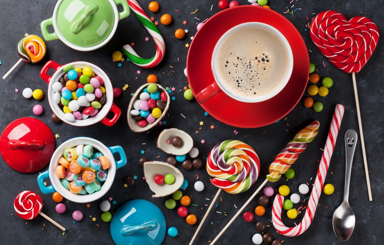 Photo wallpaper coffee, candy, lollipops, sweet, pills