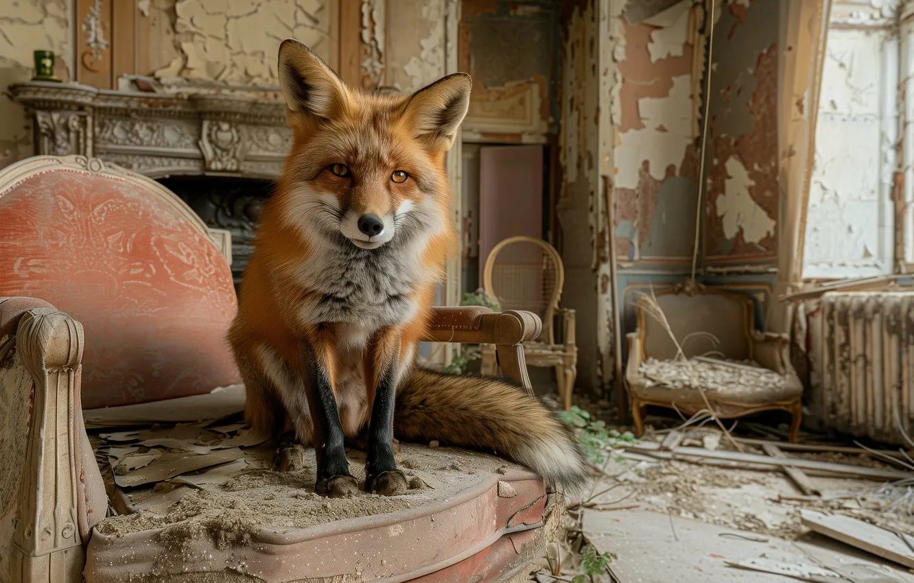 Photo wallpaper chair, Fox, devastation, red, neural network