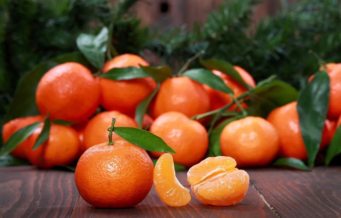 Photo wallpaper leaves, citrus, slices, tangerines