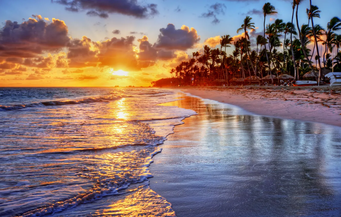 Photo wallpaper sand, sea, the sun, clouds, palm trees, shore, surf