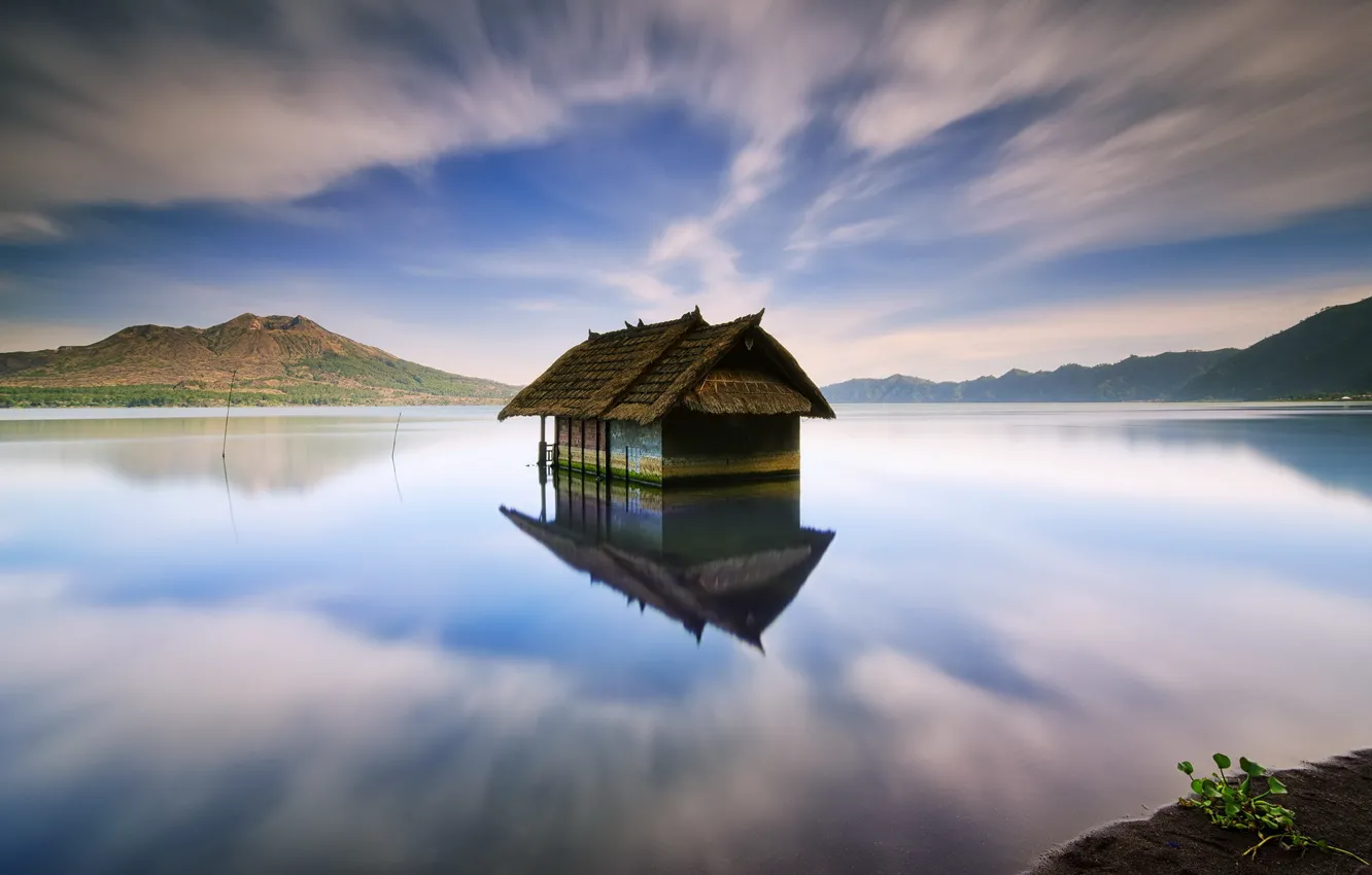 Photo wallpaper landscape, lake, house