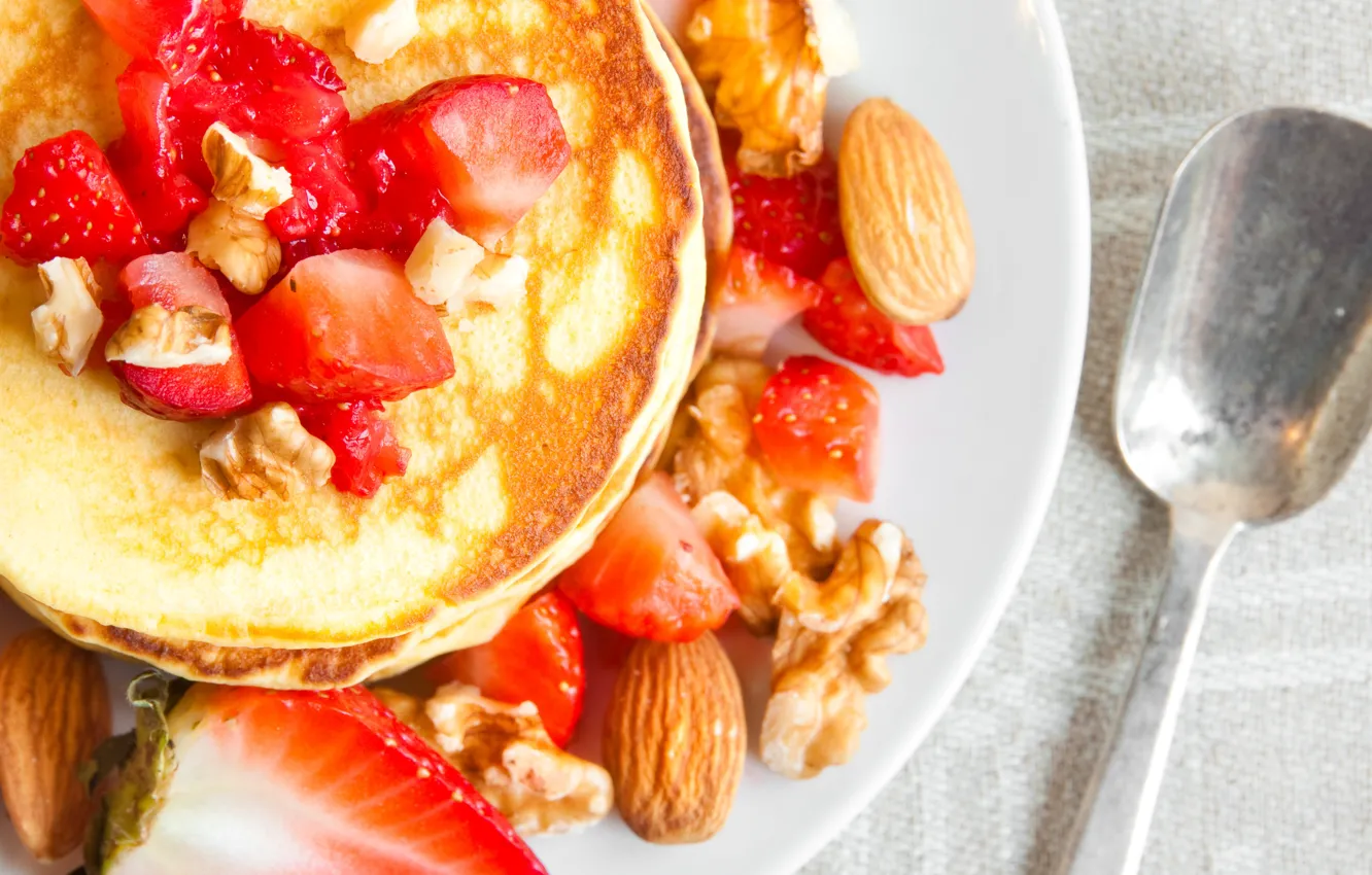 Photo wallpaper berries, strawberry, nuts, pancakes, pancakes