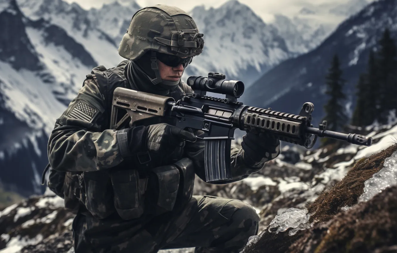 Photo wallpaper look, mountains, soldiers, machine, male, USA, equipment, helmet